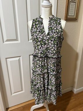 Tommy Hilfiger Black Floral Sleeveless Tiered Midi Dress with Pink & Green